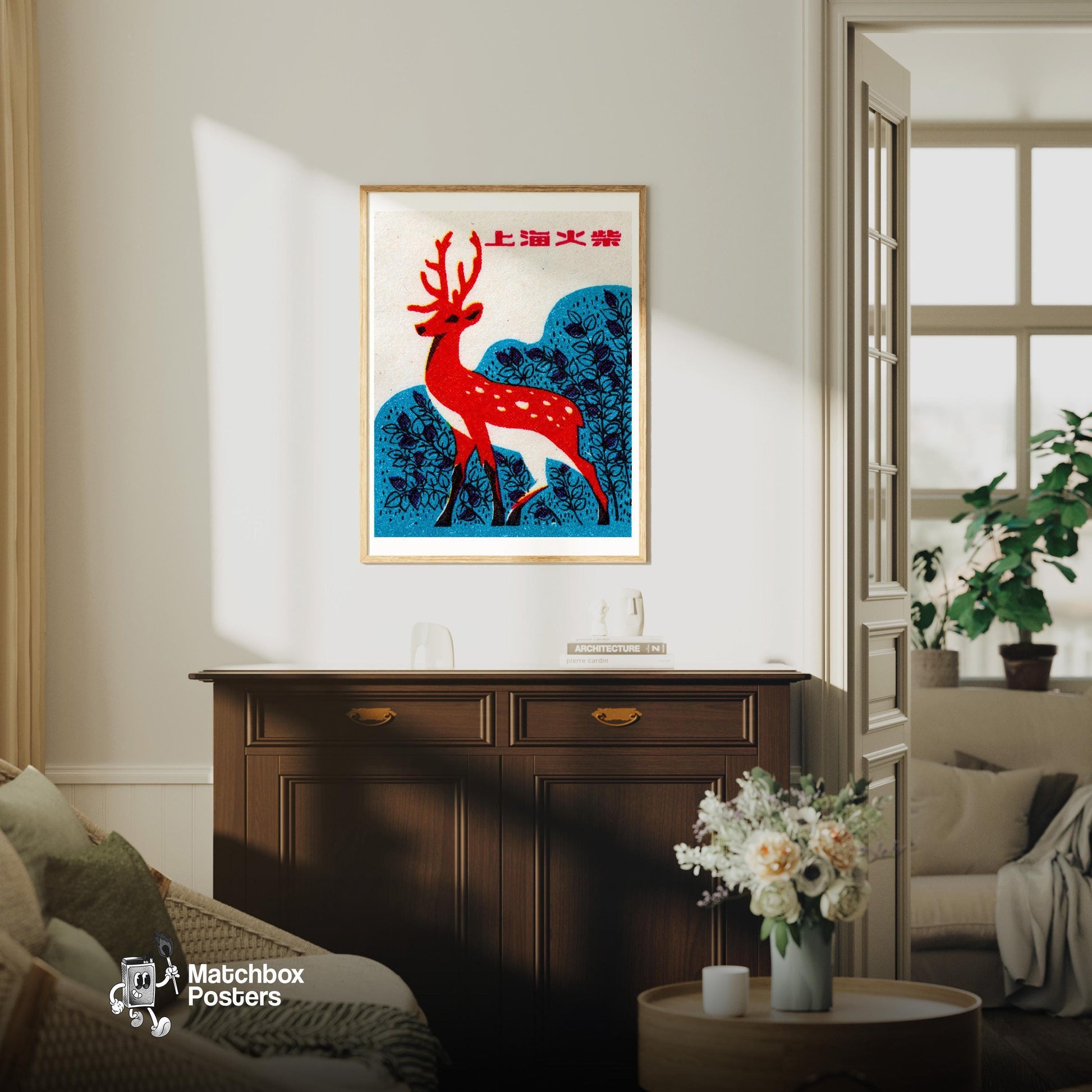 Red Deer Shanghai 1960s-70s Matchbox Label - vintage matchbox label print - living room mockup