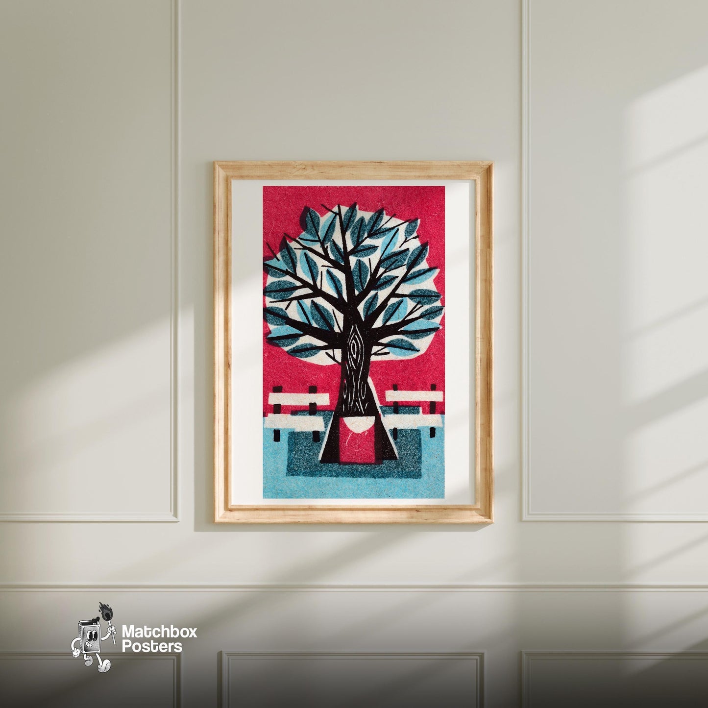 Tree with Park Benches - vintage matchbox label print - bedroom mockup