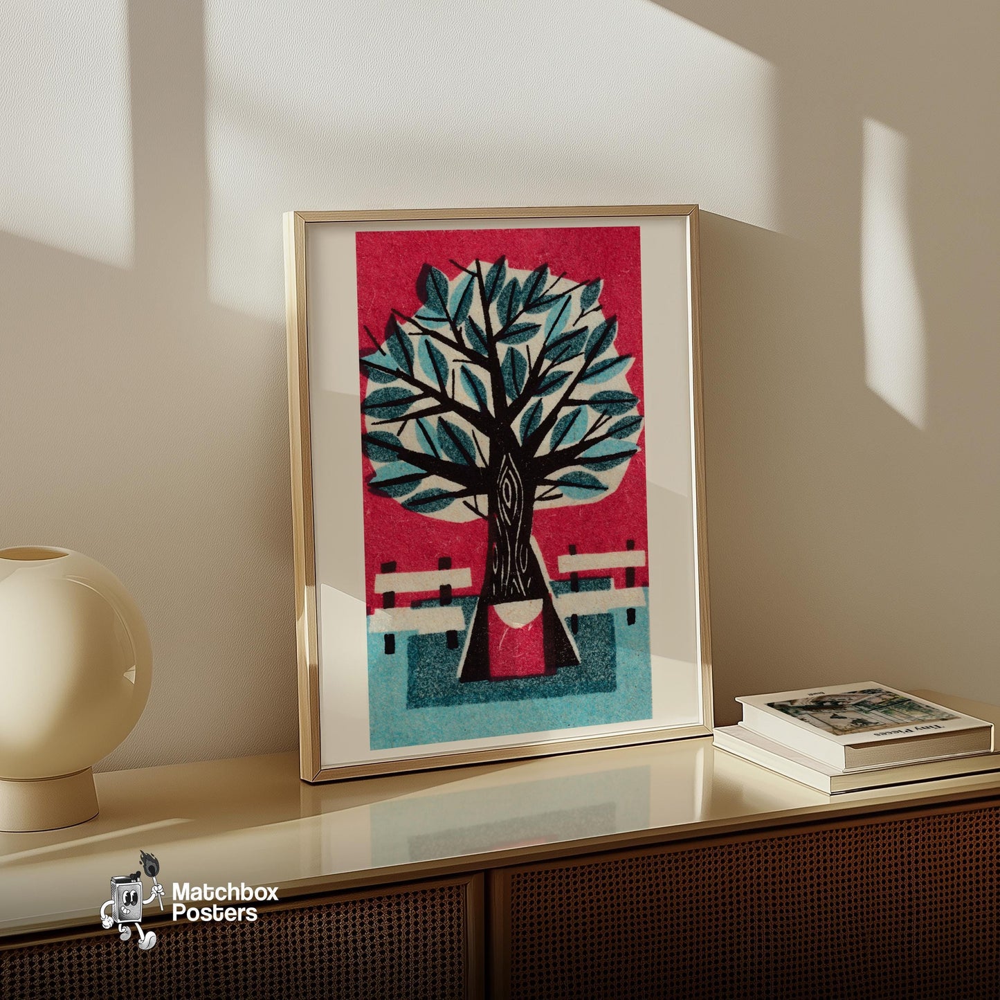 Tree with Park Benches - vintage matchbox label print - size comparison