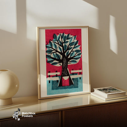 Tree with Park Benches - vintage matchbox label print - size comparison