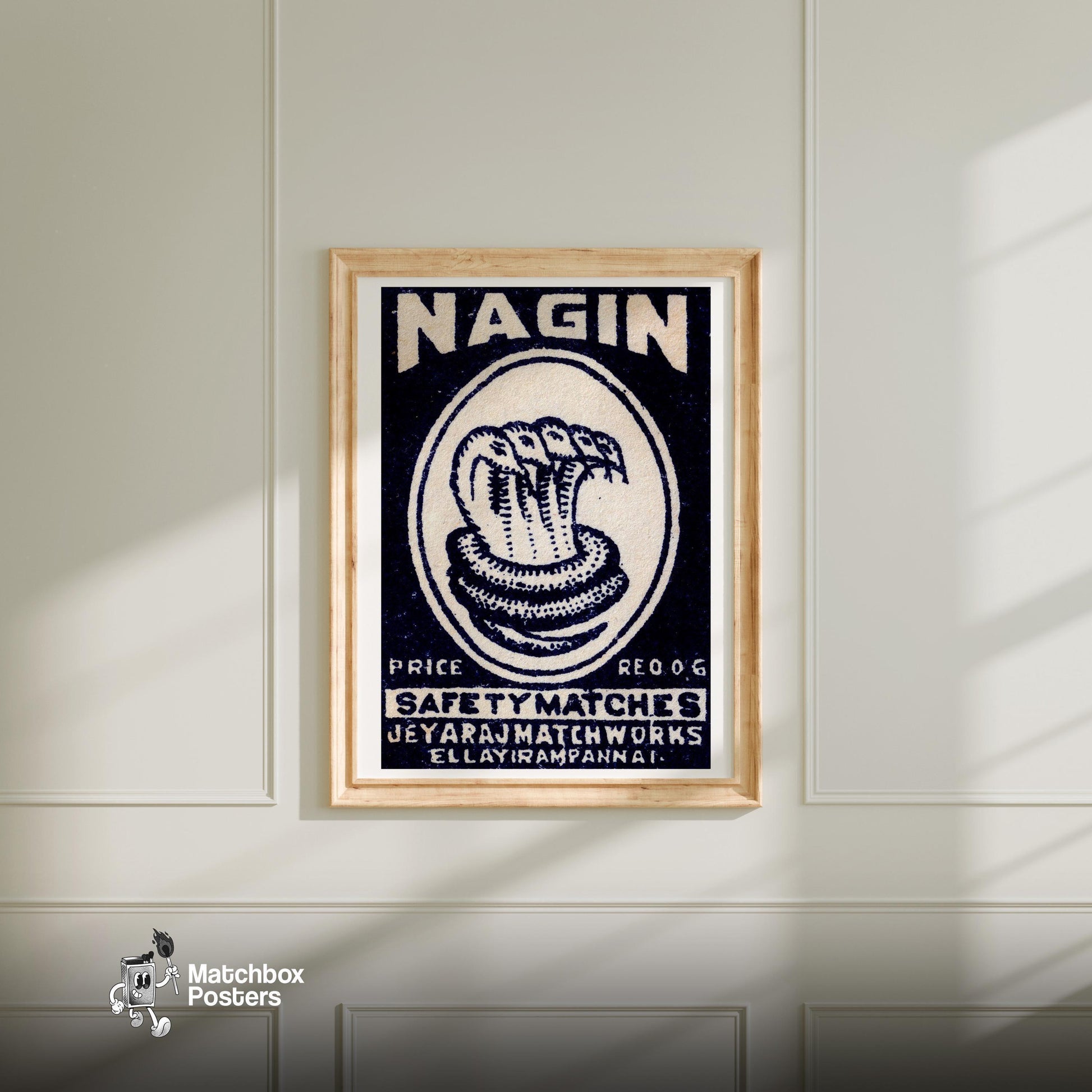 Five Headed Snake - vintage matchbox label print - bedroom mockup