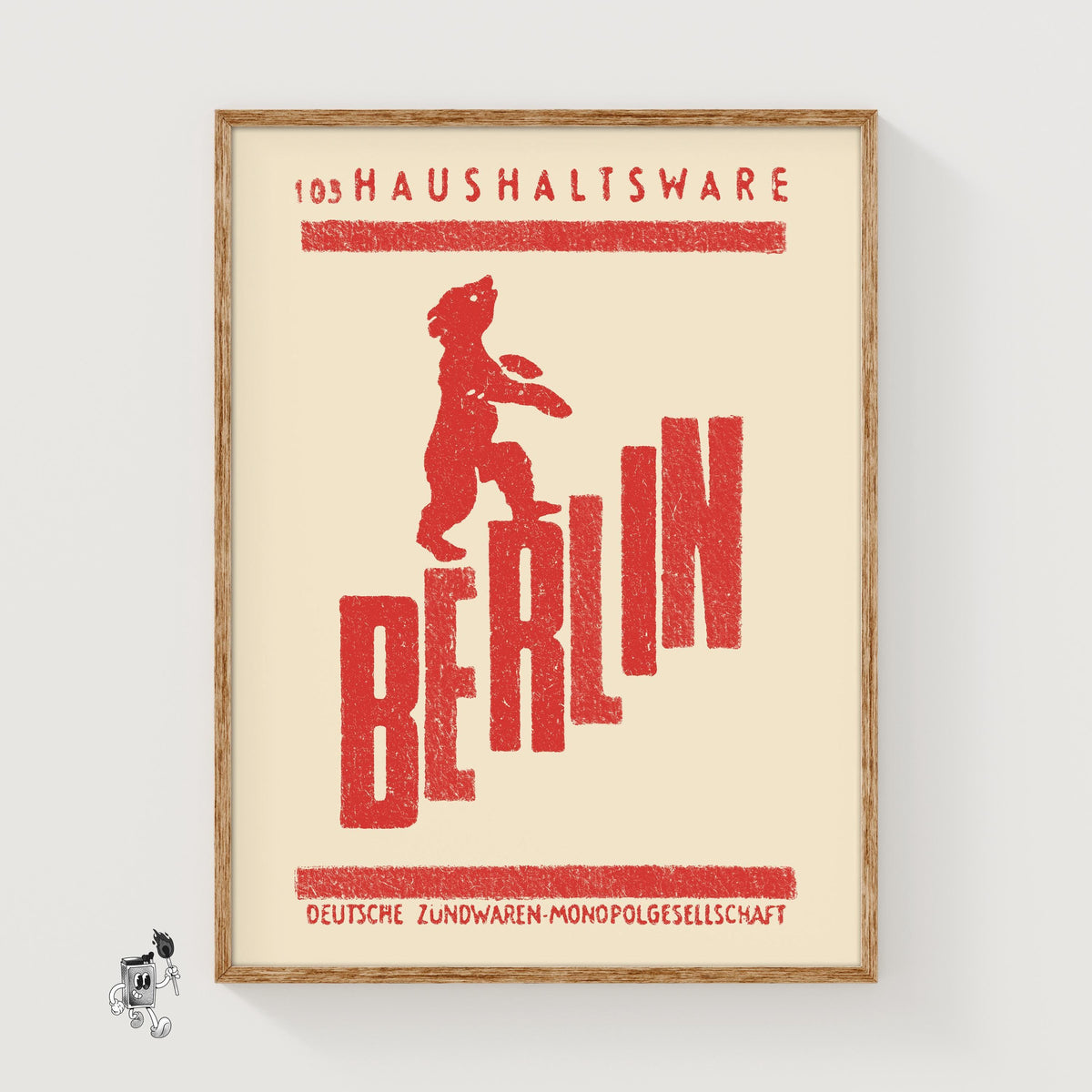 Red bear standing on the word 'BERLIN', a vintage matchbox label from Germany, framed and hanging on a plain wall. Berlin Bear Vintage German Duotone Poster print