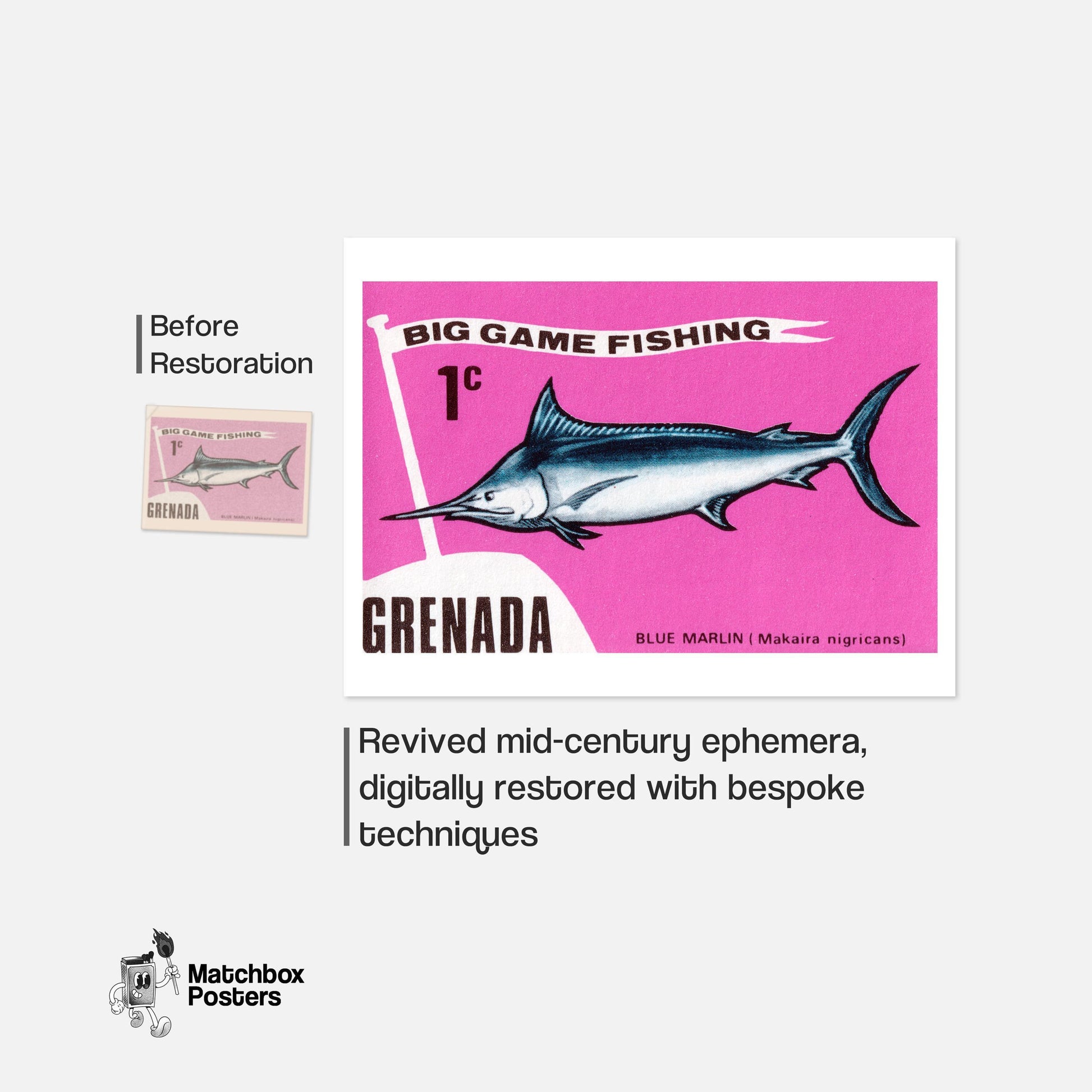 Blue Marlin - vintage matchbox label print - framed wall art preview