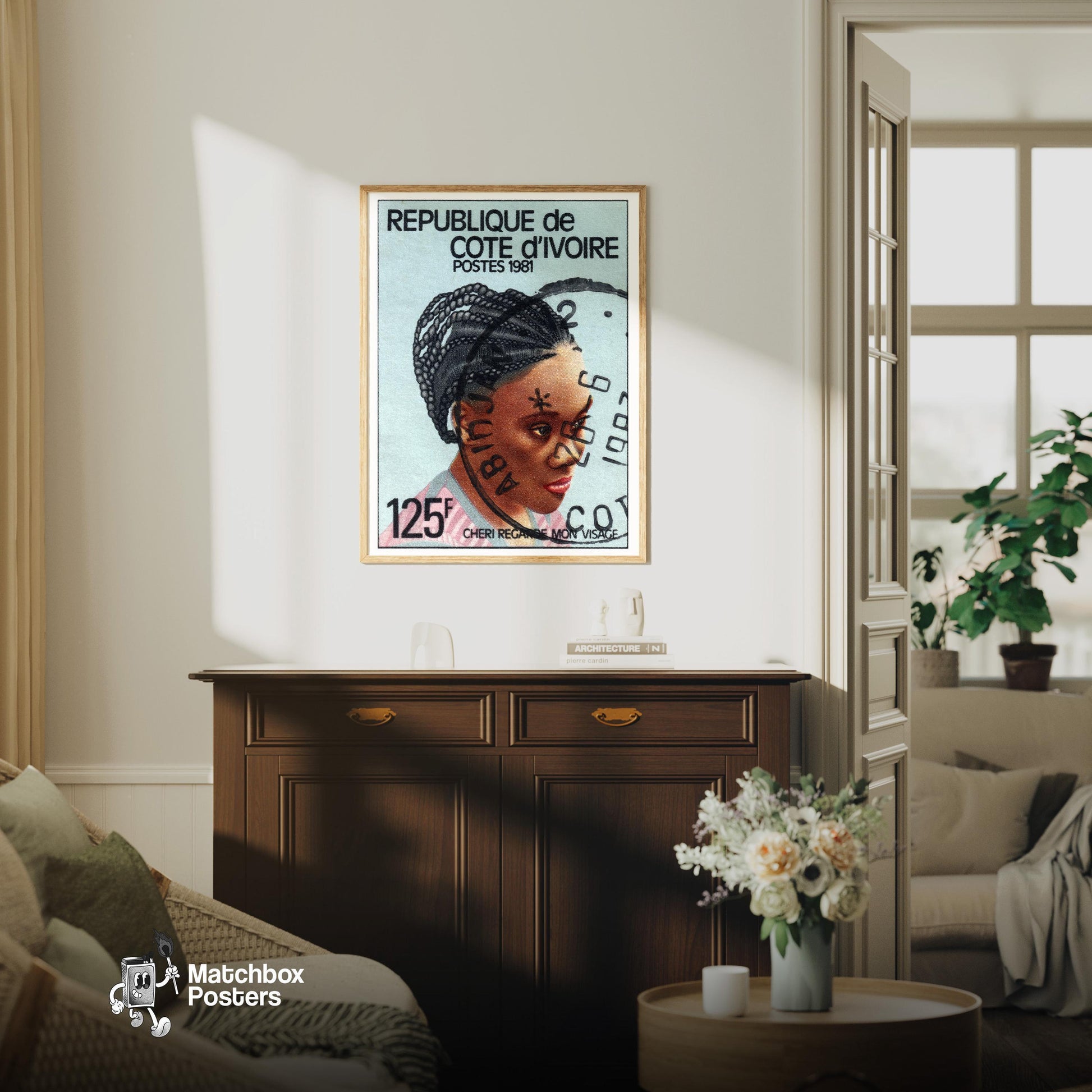 Traditional Hairstyle - vintage matchbox label print - living room mockup