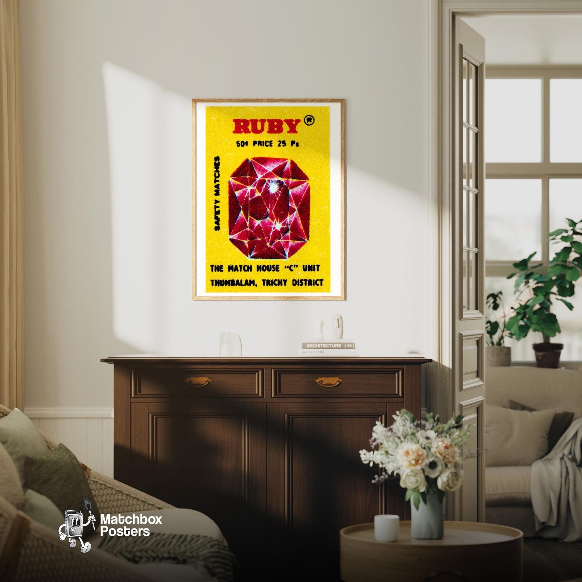 Ruby Gem - vintage matchbox label print - living room mockup