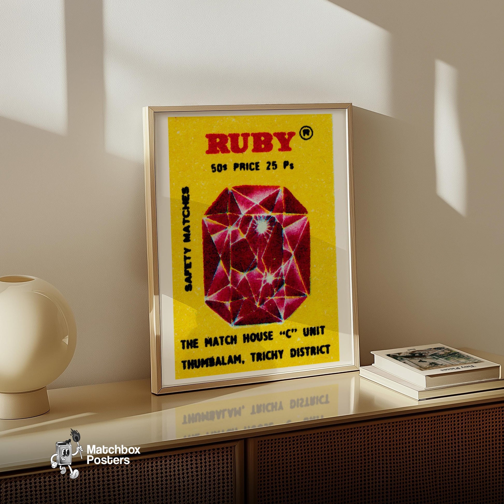 Ruby Gem - vintage matchbox label print - size comparison