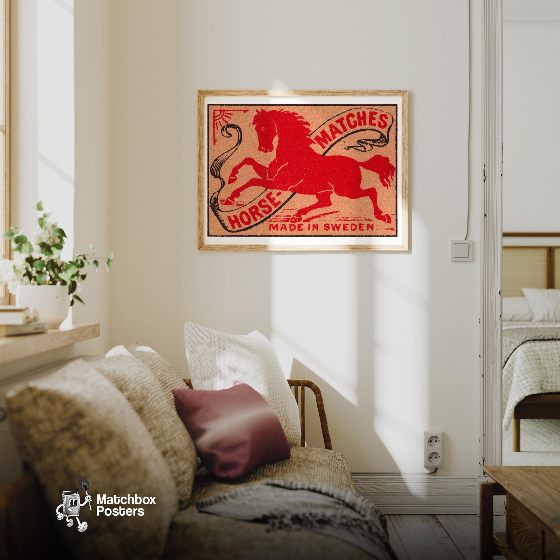 Red Horse - vintage matchbox label print - living room mockup