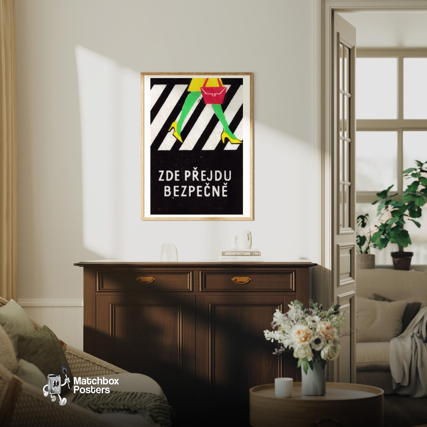 Cross Road Safely - vintage matchbox label print - living room mockup