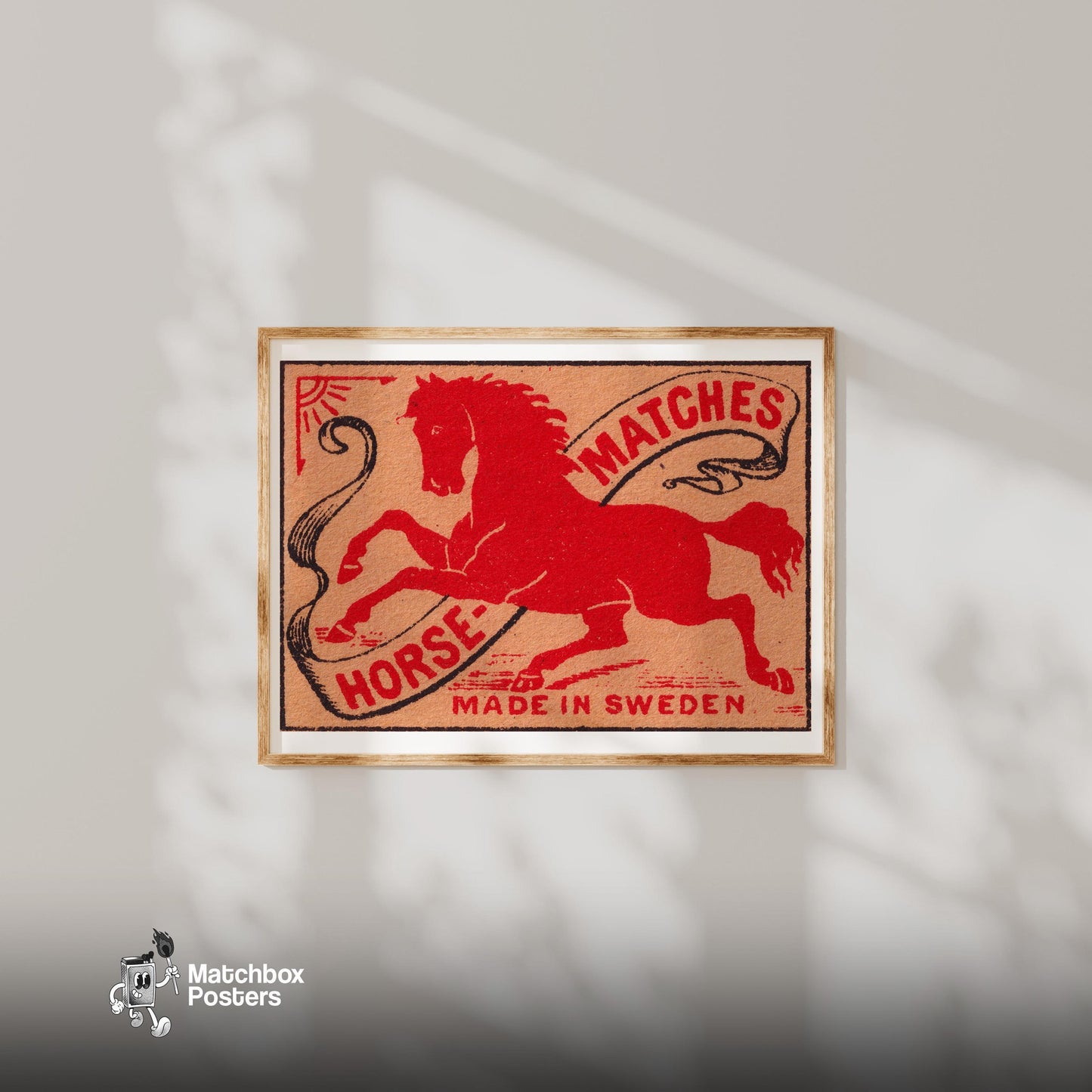 Red Horse - vintage matchbox label print - bedroom mockup