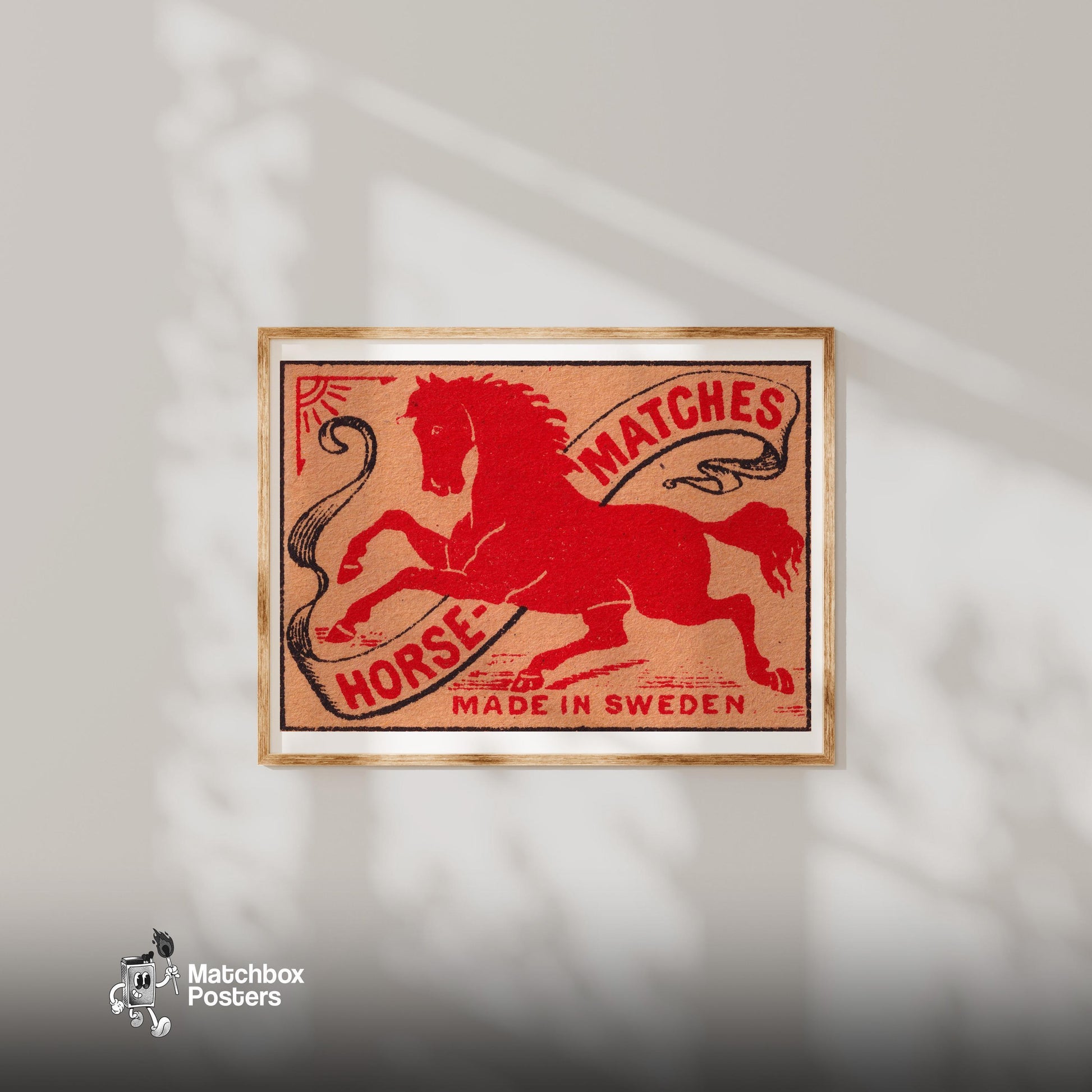 Red Horse - vintage matchbox label print - bedroom mockup
