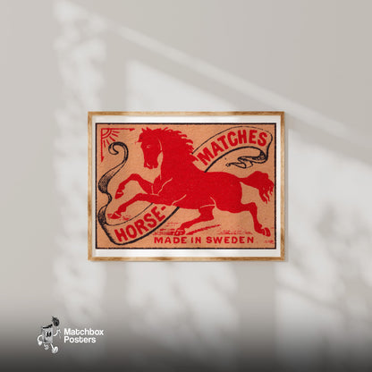 Red Horse - vintage matchbox label print - bedroom mockup