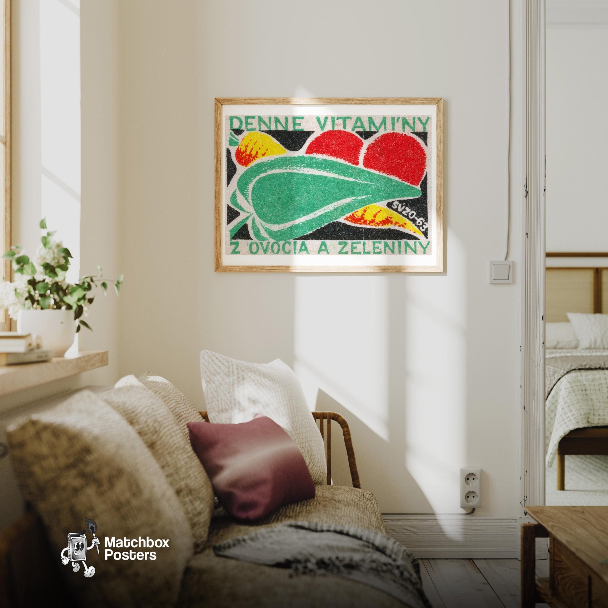 Fresh Vegetables - vintage matchbox label print - living room mockup