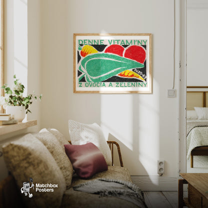 Fresh Vegetables - vintage matchbox label print - living room mockup