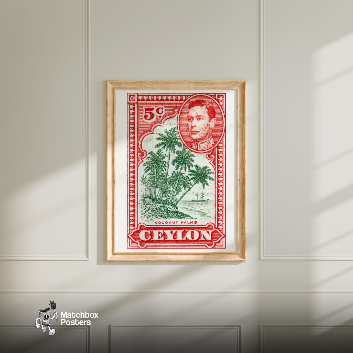 Coconut Palms - vintage matchbox label print - bedroom mockup