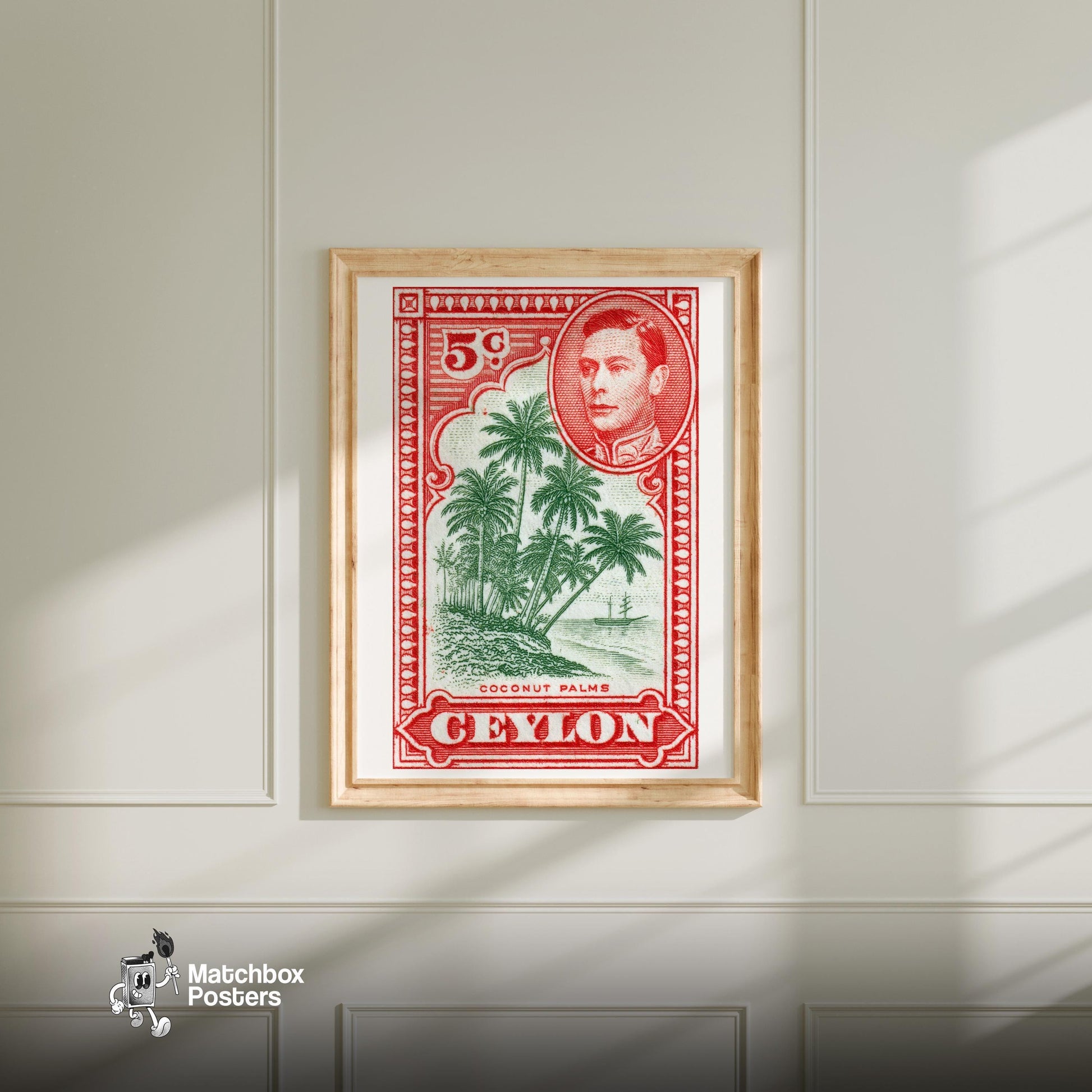 Coconut Palms - vintage matchbox label print - bedroom mockup