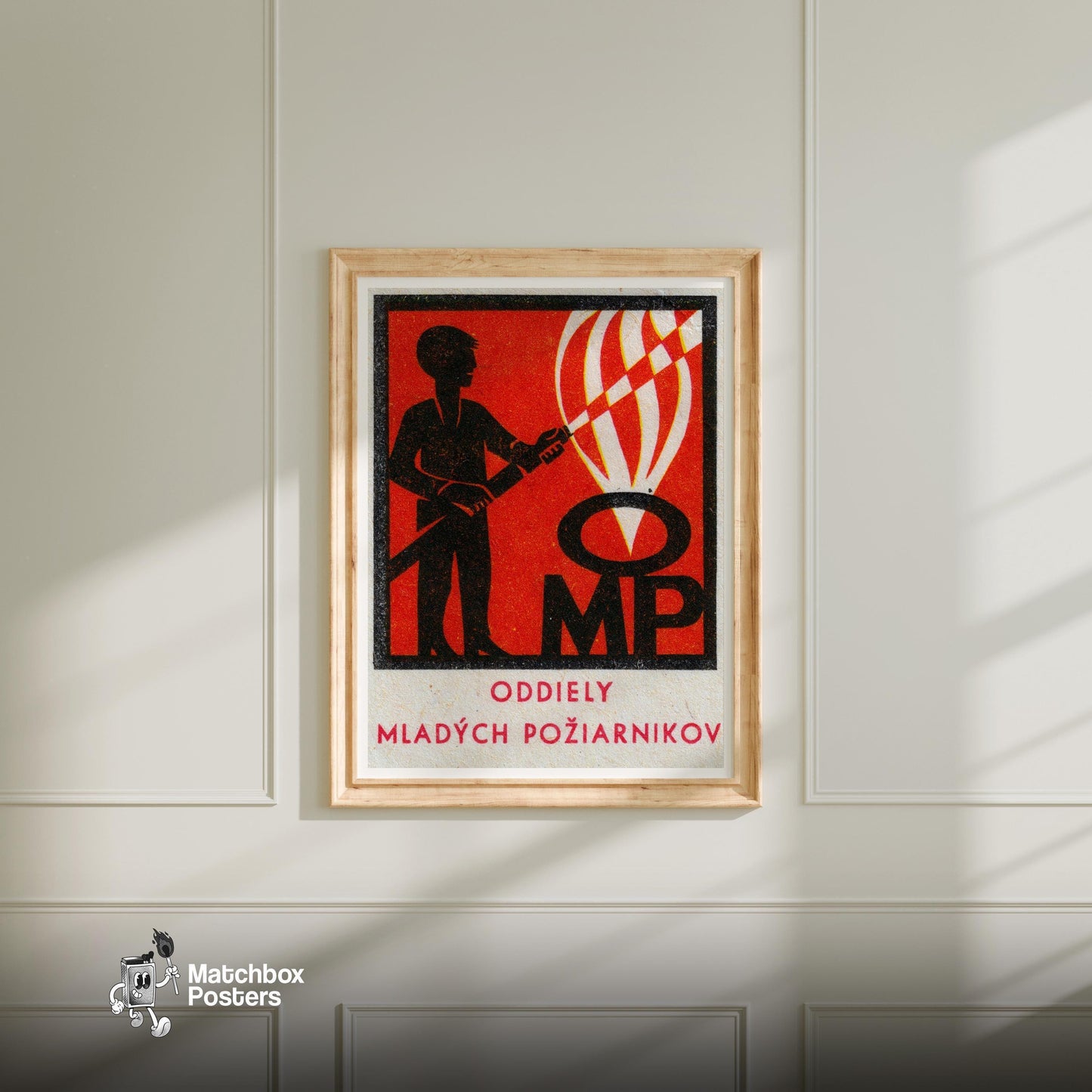 Firefighter with Hose - vintage matchbox label print - bedroom mockup
