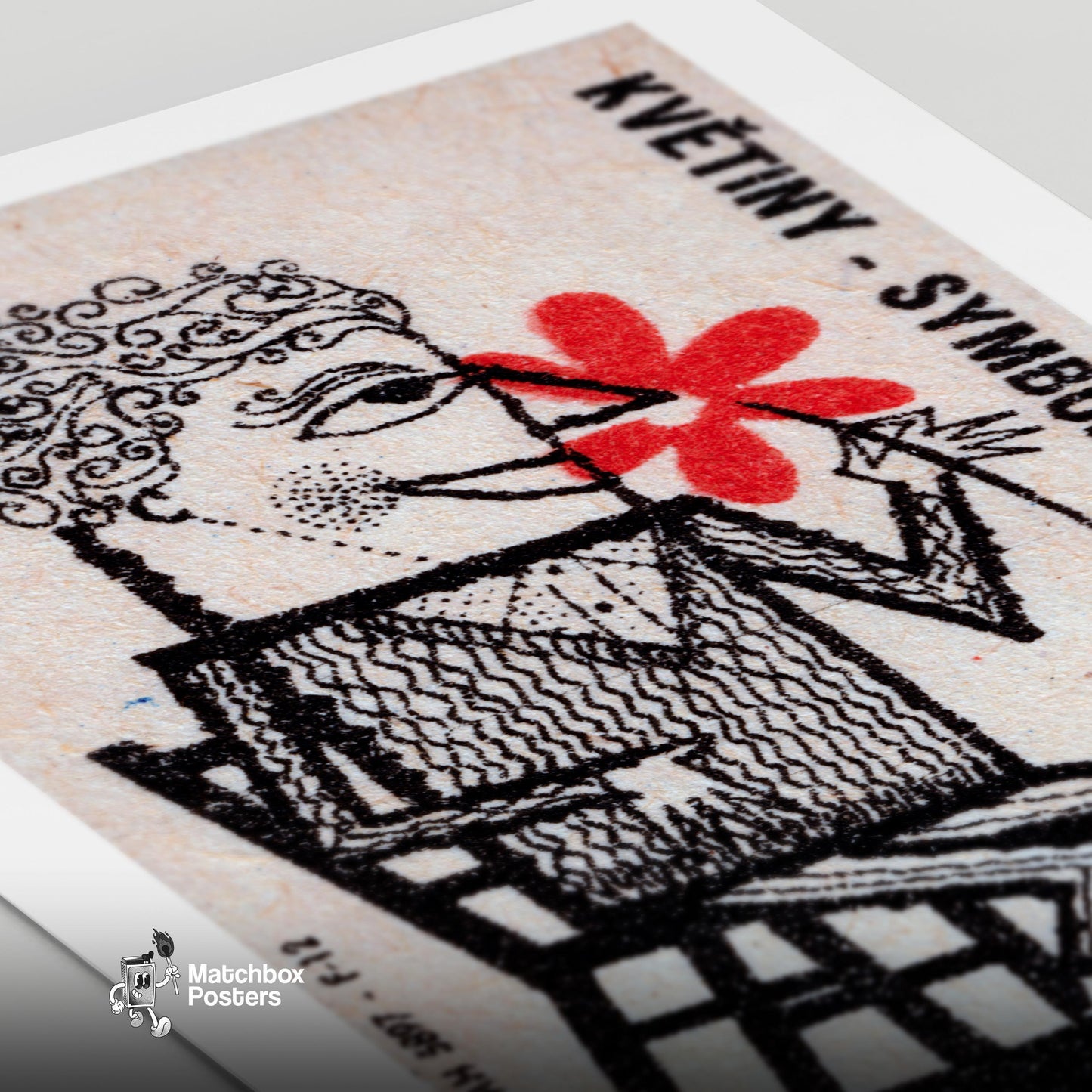 Man with Red Flowers - vintage matchbox label print - close-up detail