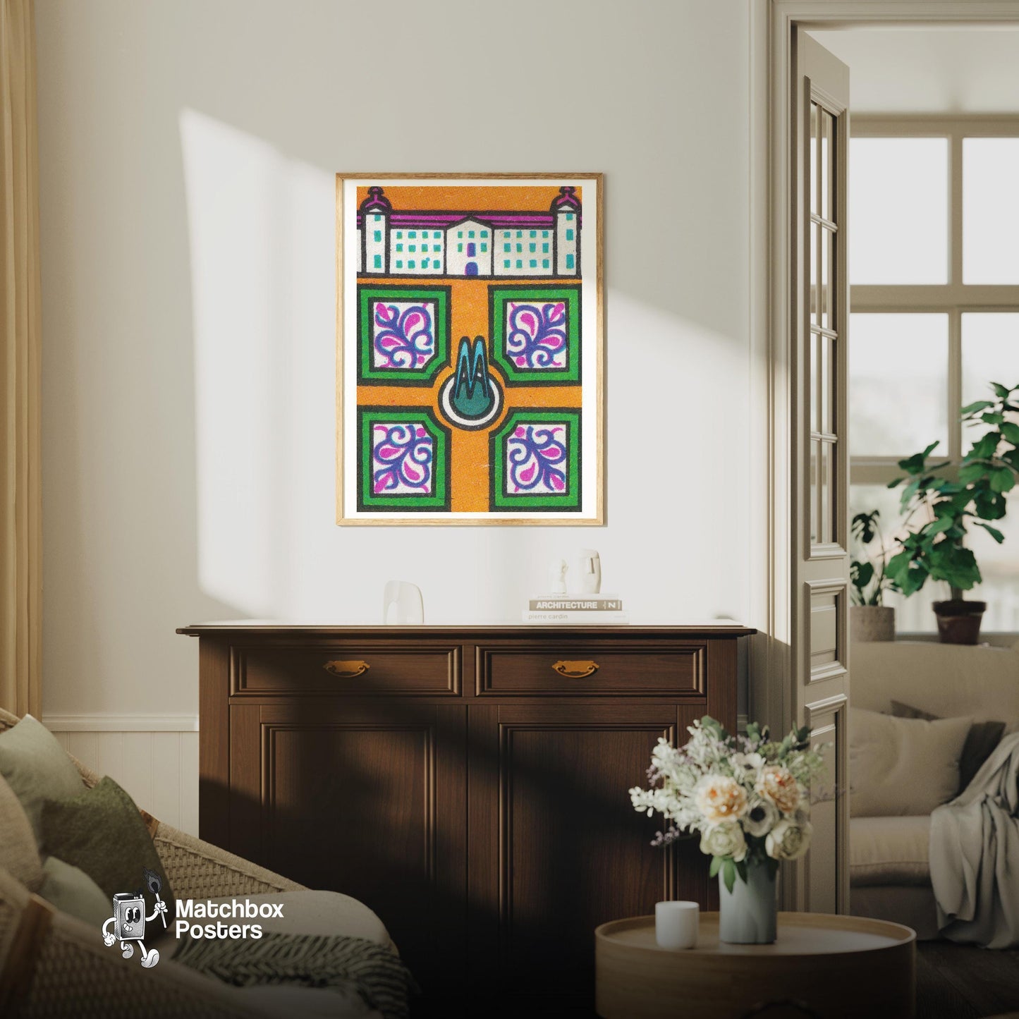 Symmetrican Gardens - vintage matchbox label print - living room mockup