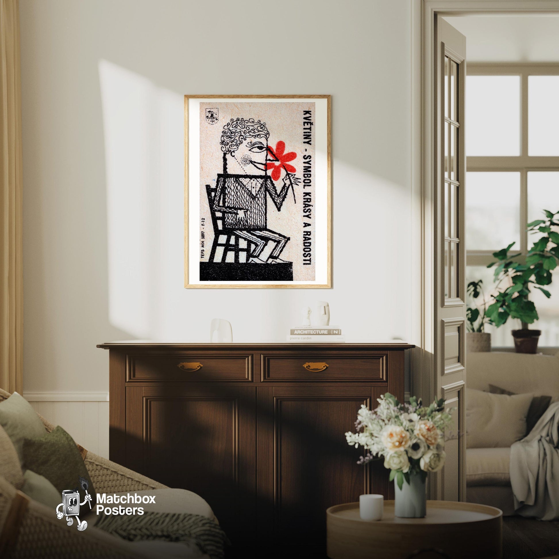 Man with Red Flowers - vintage matchbox label print - living room mockup
