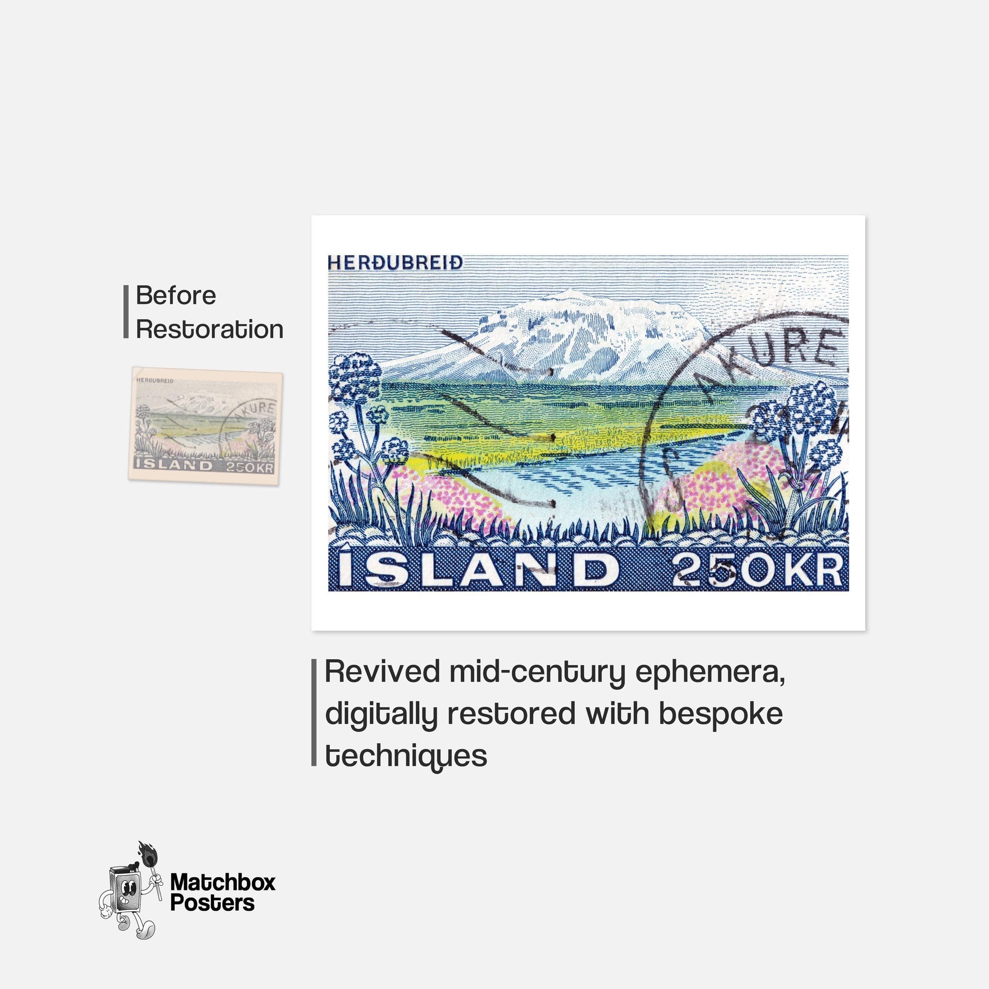 Vintage Postage Stamp Print, Mountain River Iceland - vintage matchbox label print - framed wall art preview