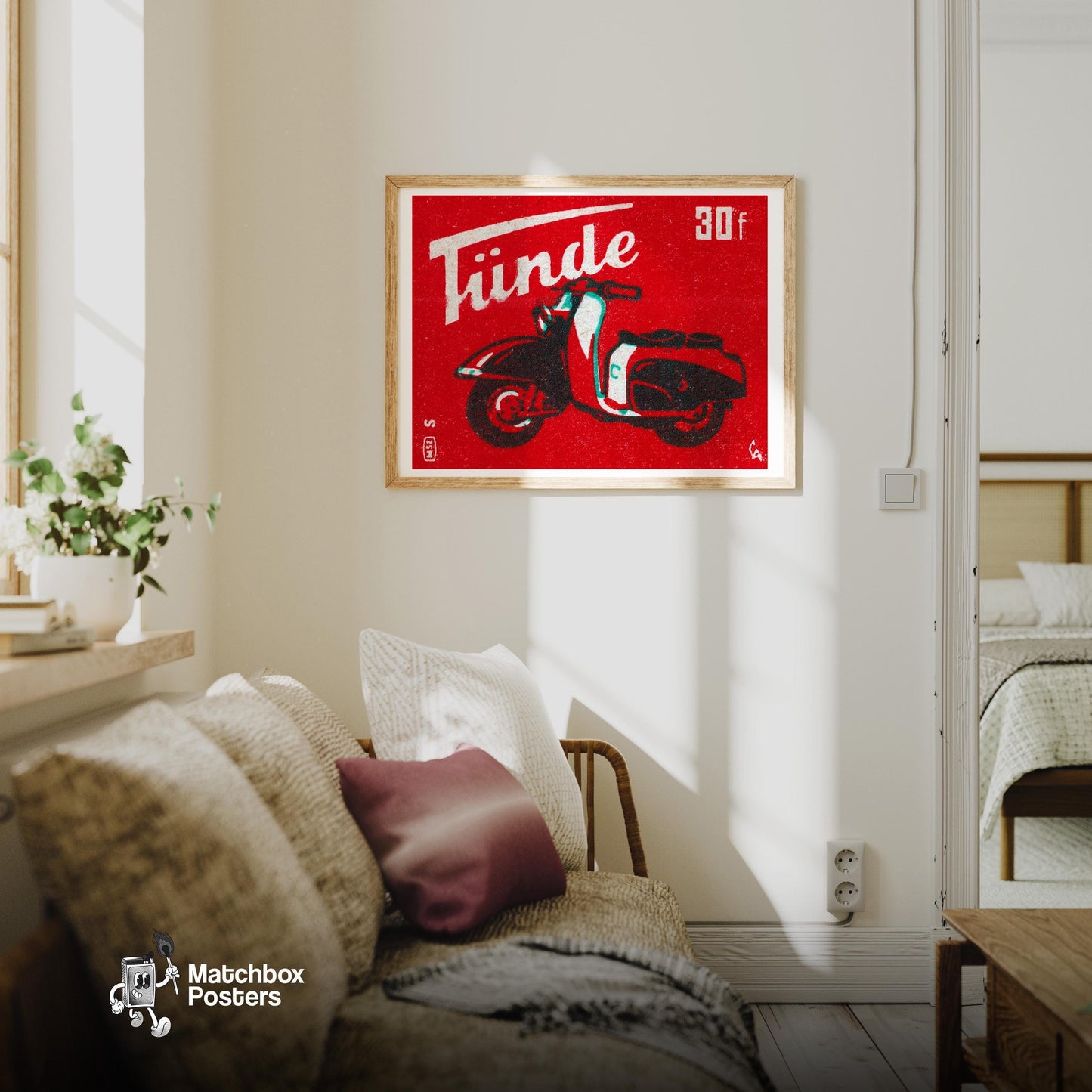 Red Scooter - vintage matchbox label print - living room mockup