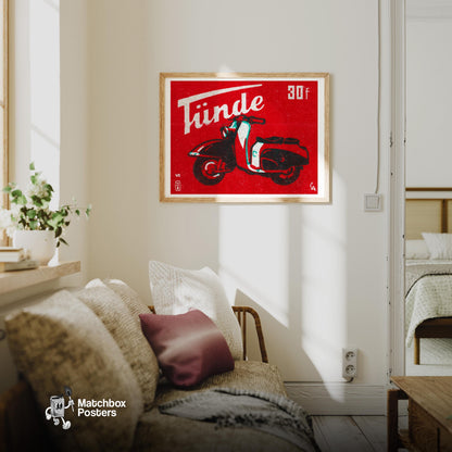 Red Scooter - vintage matchbox label print - living room mockup