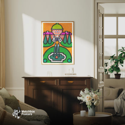 Fountain - vintage matchbox label print - living room mockup