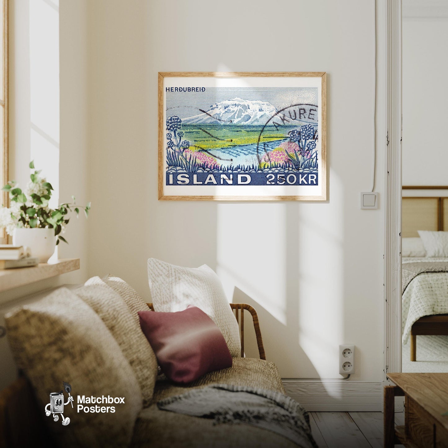 Vintage Postage Stamp Print, Mountain River Iceland - vintage matchbox label print - living room mockup