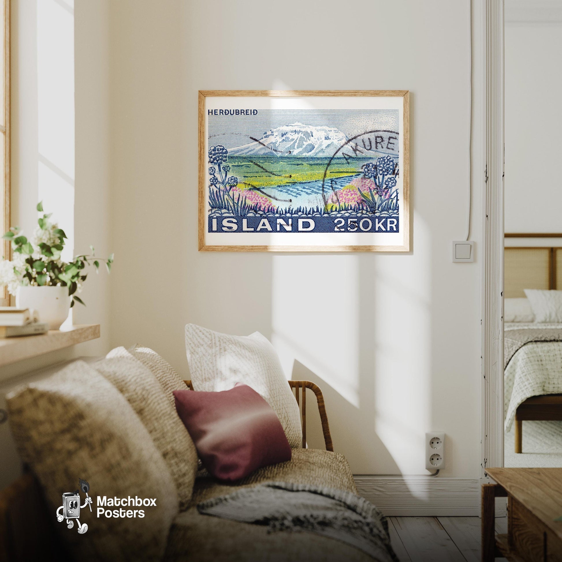 Vintage Postage Stamp Print, Mountain River Iceland - vintage matchbox label print - living room mockup