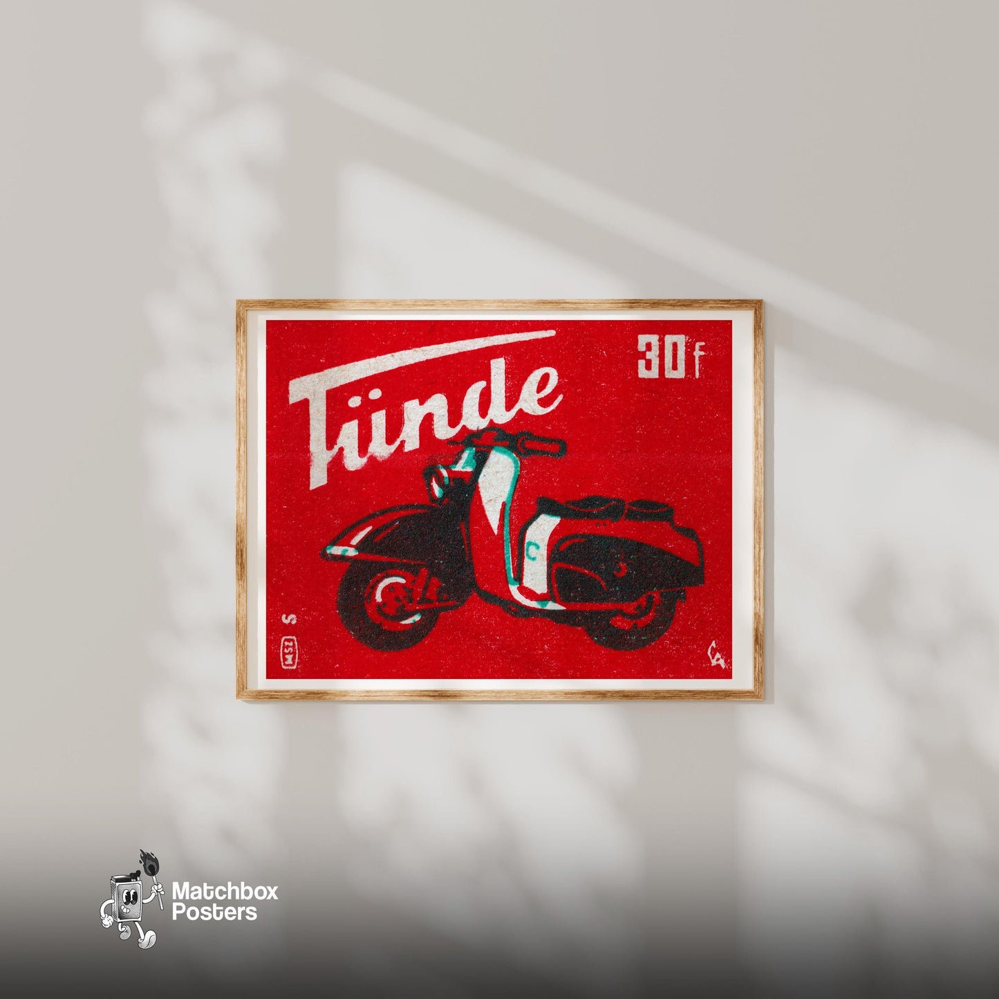Red Scooter - vintage matchbox label print - bedroom mockup