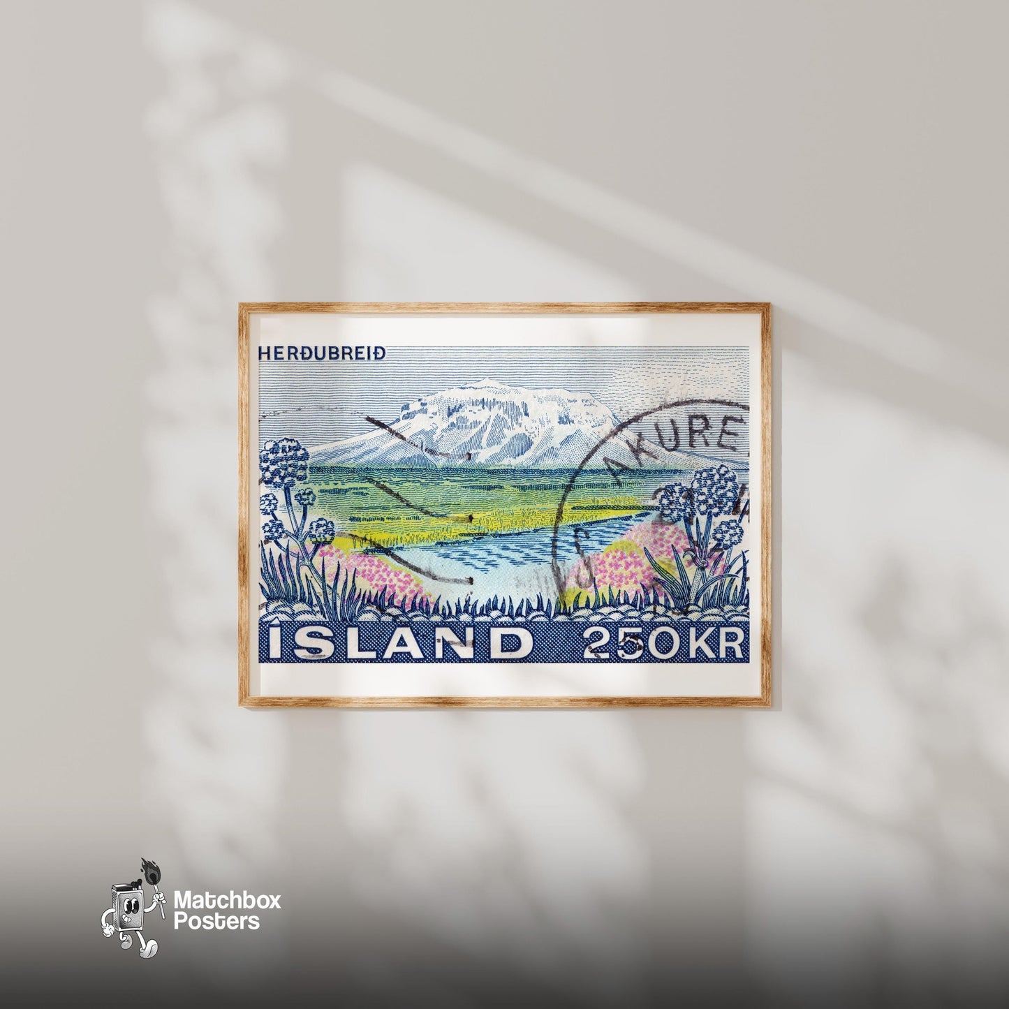 Vintage Postage Stamp Print, Mountain River Iceland - vintage matchbox label print - bedroom mockup