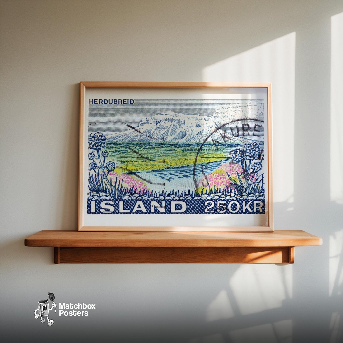 Vintage Postage Stamp Print, Mountain River Iceland - vintage matchbox label print - size comparison