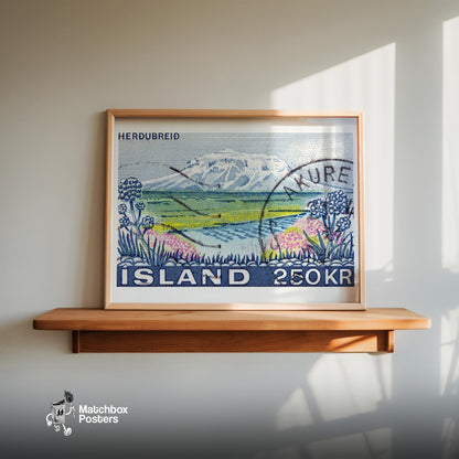 Vintage Postage Stamp Print, Mountain River Iceland - vintage matchbox label print - size comparison