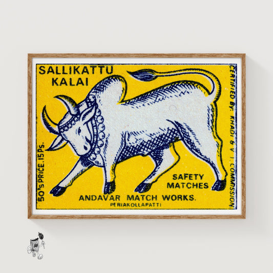 Decorated Bull - vintage matchbox label print