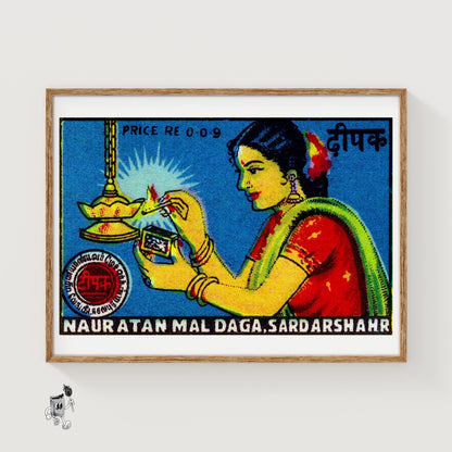 Indian Woman Lighting Lamp - vintage matchbox label print