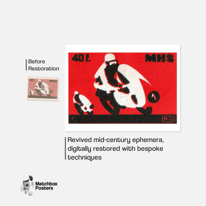 Motorbike Race - vintage matchbox label print - framed wall art preview