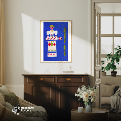 Folk Mom Holding Child - vintage matchbox label print - living room mockup