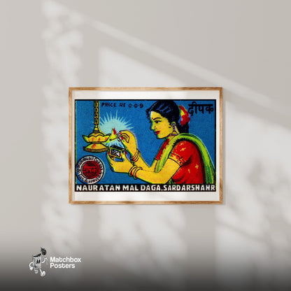 Indian Woman Lighting Lamp - vintage matchbox label print - bedroom mockup