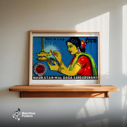 Indian Woman Lighting Lamp - vintage matchbox label print - size comparison