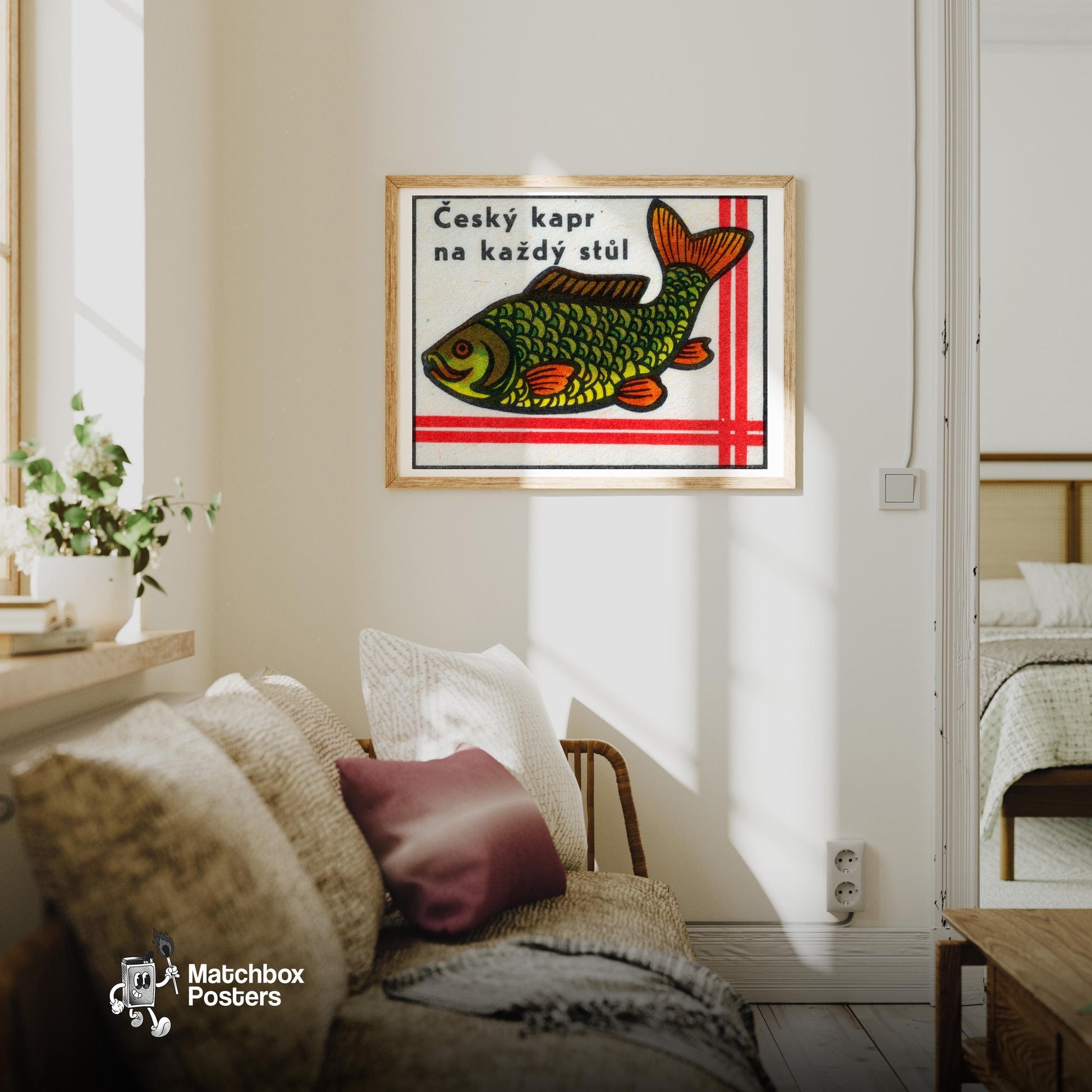 Carp Fish - vintage matchbox label print - living room mockup