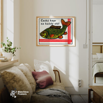 Carp Fish - vintage matchbox label print - living room mockup