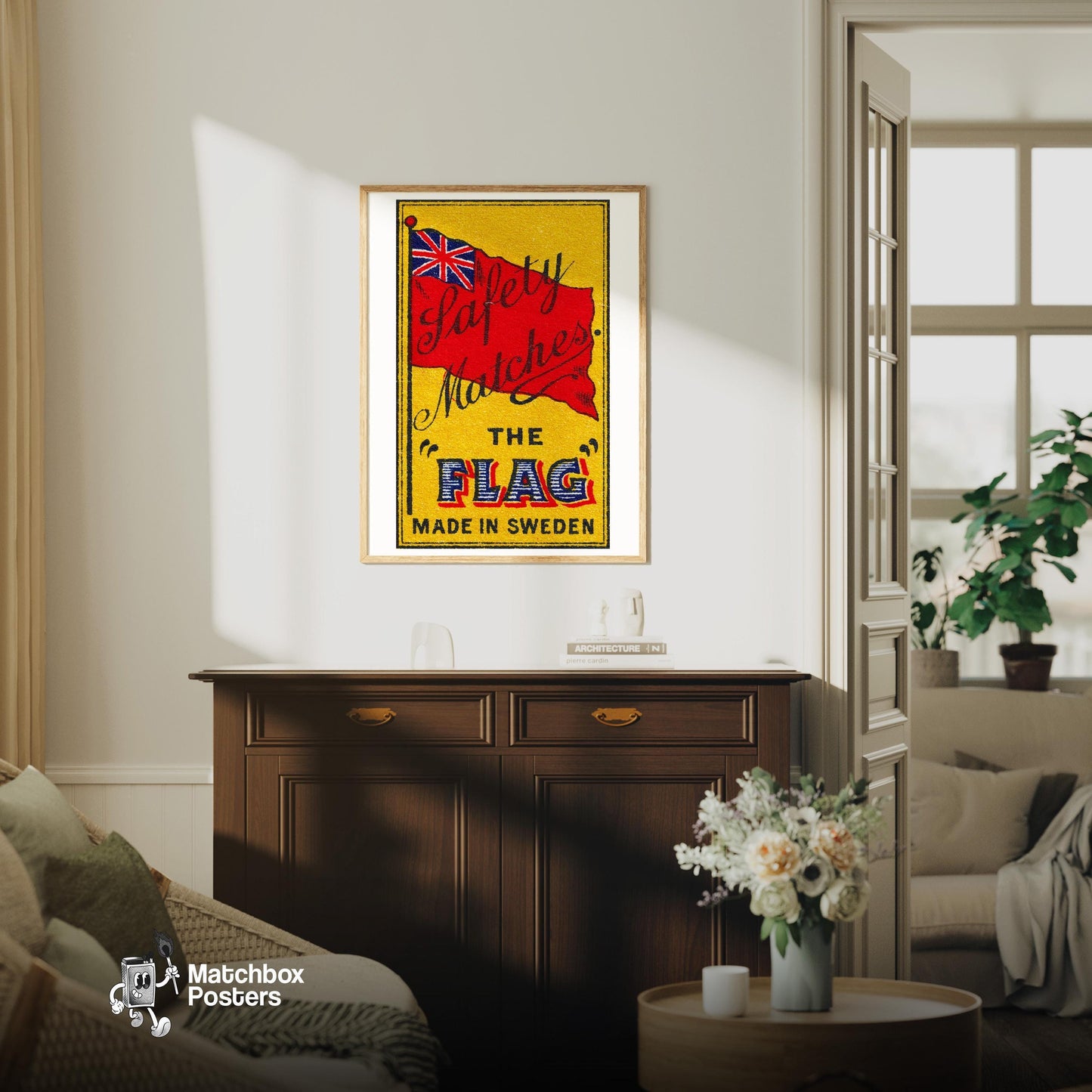 Union Jack Flag - vintage matchbox label print - living room mockup