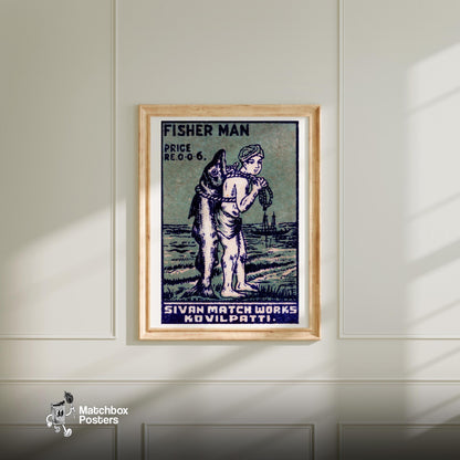 Fisherman - vintage matchbox label print - bedroom mockup