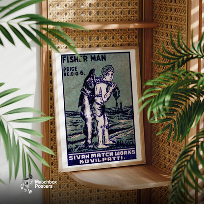 Fisherman - vintage matchbox label print - office wall