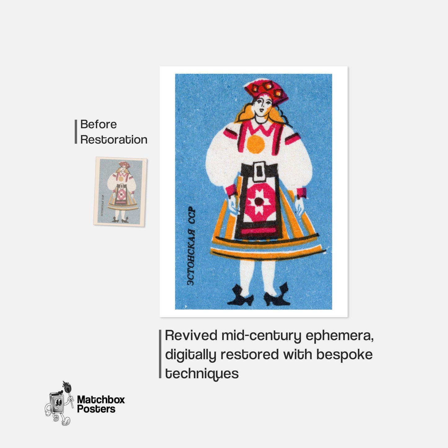 Estonian Woman - vintage matchbox label print - framed wall art preview