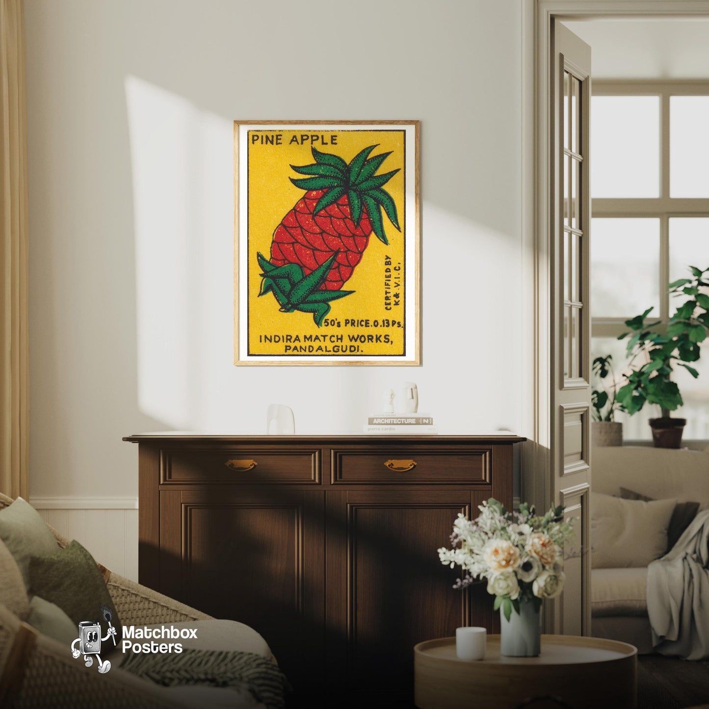 Pineapple - vintage matchbox label print - living room mockup