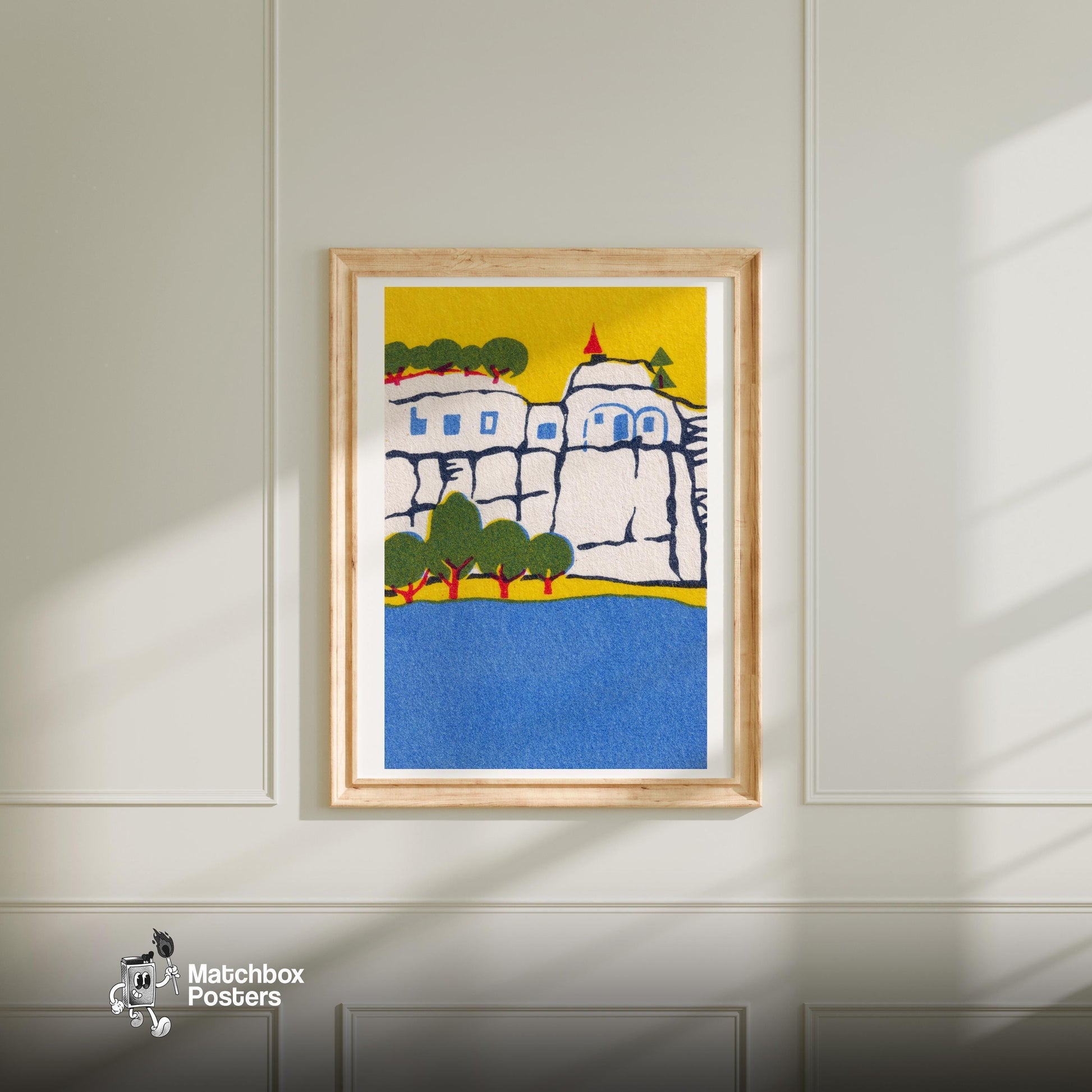 Cliffside Castle - vintage matchbox label print - bedroom mockup