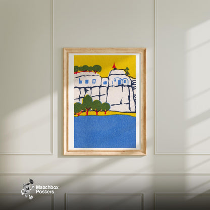 Cliffside Castle - vintage matchbox label print - bedroom mockup