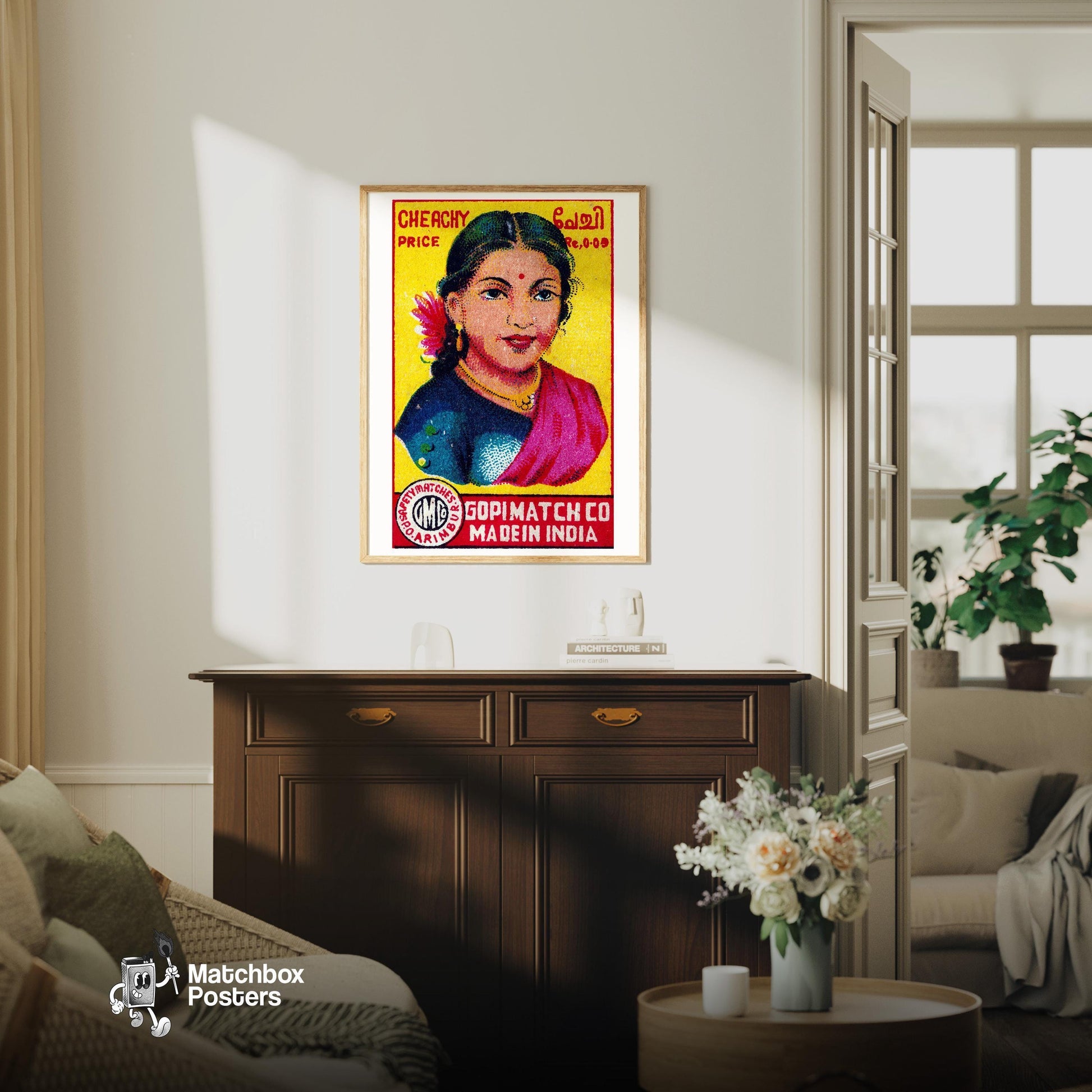 Indian Woman - vintage matchbox label print - living room mockup