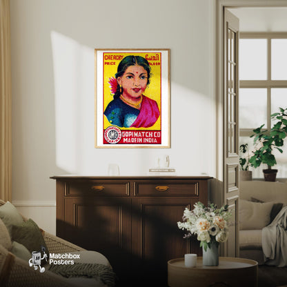 Indian Woman - vintage matchbox label print - living room mockup